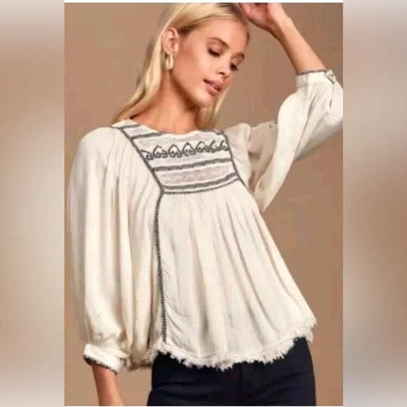 Free People Tops - Free People Cream Boho Peasant Blouse 3/4 Sleeves Embroidered Size M Oversized